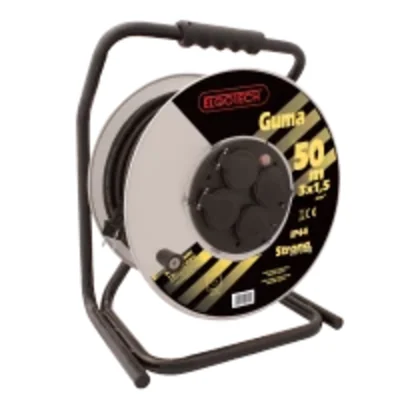 Extension cord rolled on a metal drum IP-44, 4x2P+Z rubber H05RR-F 3x1.5mm² - 50m MAX.3600W with thermal protection, Strong PZB-1111-50G series