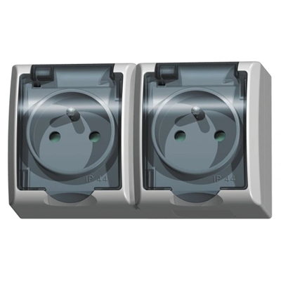 FALA Double socket with grounding, white, transparent cover, equipped with shutters for current paths