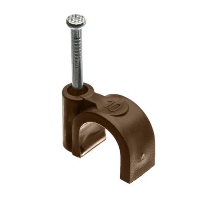 Fermacavi con chiodo, diametro 10 mm, rotondo, marrone, 50 pezzi.