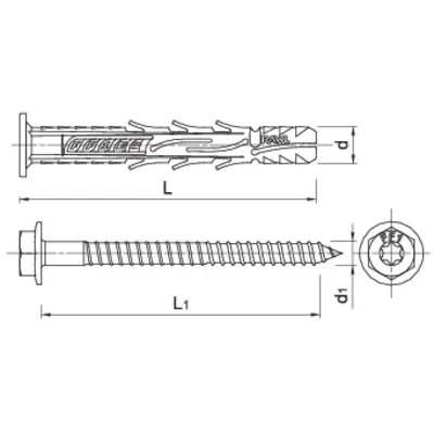 FF1 Kołek ramowy poliamidowy 10x200mm z kołnierzem i ocynkowanym wkrętem z łbem heksagonalnym 25szt