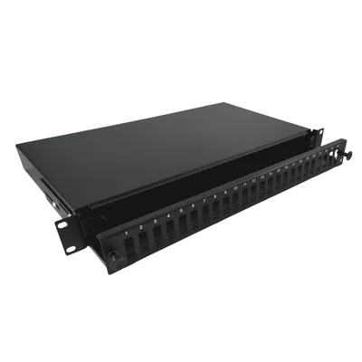 Fiber optic distribution box 24xSC duplex / 24xLC quad 19 1U with front panel and mounting accessories (glands, cable ties), extendable ALANTEC