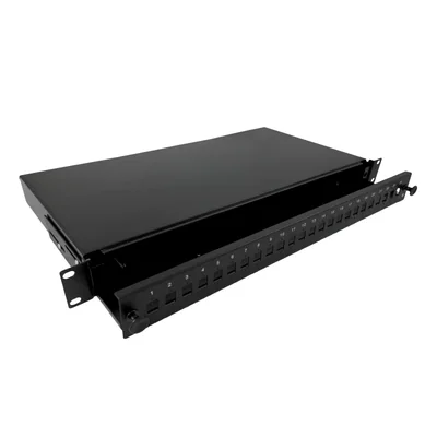 Fiber optic distribution box 24xSC simplex / 24xLC duplex 19 1U with front panel and mounting accessories (glands, bands), extendable ALANTEC