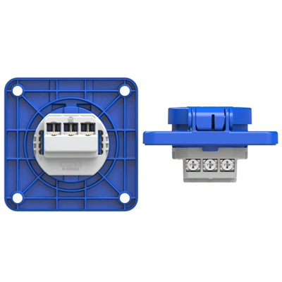 Fiche version prise à broche 16A 2P+T 230V 50/60Hz IP54, bride de connexion arrière 75X75, sécurité enfant, contacts nickelés