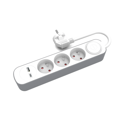 Fixed extension cord with three-way socket and plug switch and USB A USB C sockets 3m