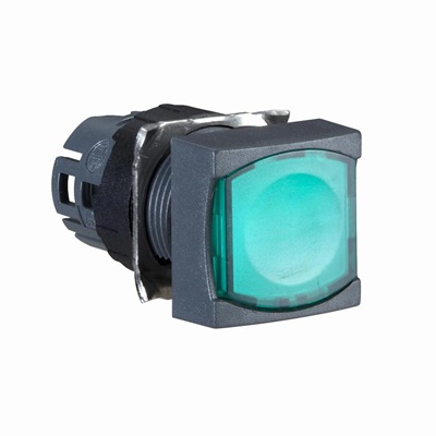 Flat green push-push button LED plastic square