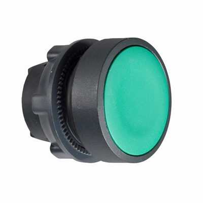 Flat green push-push button without backlight, plastic without marking