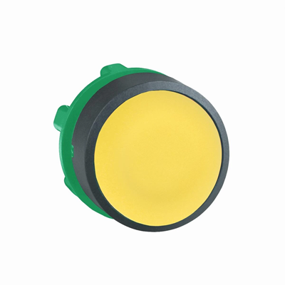 Flat yellow push-push button without backlight, plastic without marking