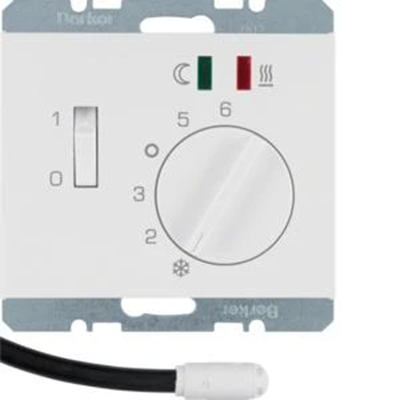 Floor temperature controller with NC contact, central element, switch and 2 LEDs 10-50°C 230V - Glossy white