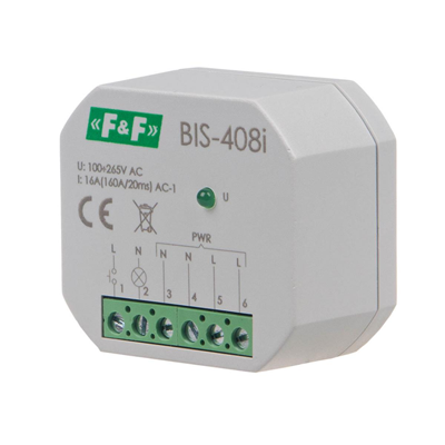Flush-mounted bistable relay for illuminated buttons with inrush relay