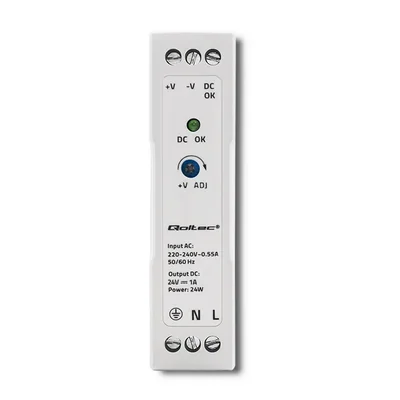 Fuente de alimentación Qoltec para carril DIN | 24 W | 24 V | 1 A | Blanca | Delgada