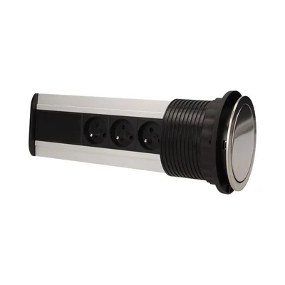 Furniture socket 3x2P+Z, 2xUSB, retractable from the top 10cm, with a lock and 1.8m cable, INOX