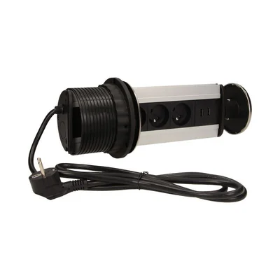 Furniture socket 3x2P+Z, 2xUSB, retractable from the top 10cm, with a lock and 1.8m cable, INOX