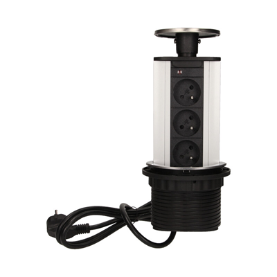 Furniture socket 3x2P+Z extendable from the top 10cm, with a lock and 1.8m cable, INOX