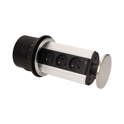 Furniture socket 3x2P+Z extendable from the top 10cm, with a lock and 1.8m cable, INOX