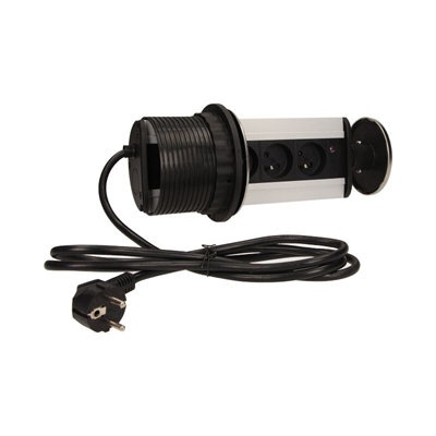 Furniture socket 3x2P+Z extendable from the top 10cm, with a lock and 1.8m cable, INOX