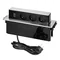 Furniture socket extending from the tabletop with a flat milled edge, USB charger and 2m cable, 3x2P+Z, 2 x USB (type A, 2.4A), 3x1.5mm2, black and silver, INOX