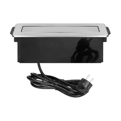 Furniture socket extending from the tabletop with a flat milled edge, USB charger and 2m cable, 3x2P+Z, 2 x USB (type A, 2.4A), 3x1.5mm2, black and silver, INOX