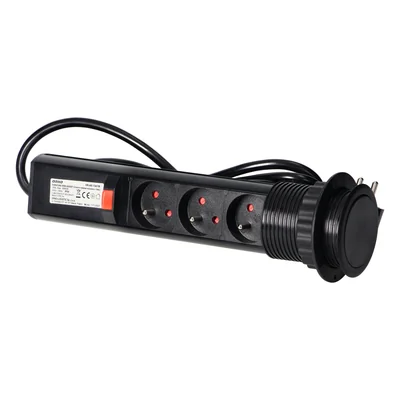 Furniture socket Ø6cm, extendable from the countertop, with lock and 1.8m cable, 3x2P+Z, black