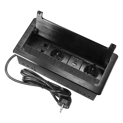 Furniture socket recessed into the countertop with a flat milled edge, anti-dust brush and 1.5 m cable, 2x2P+Z (French), 2xUSB (type A+C; 3.6A), 2xNET, black