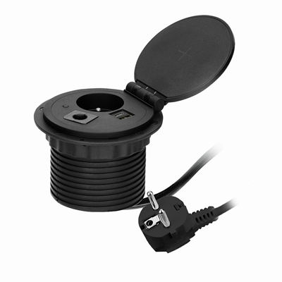 Furniture socket recessed into the tabletop with inductive charger, USB charger, 1G/U black