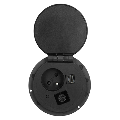 Furniture socket recessed into the tabletop with inductive charger, USB charger, 1G/U black