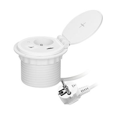 Furniture socket recessed into the tabletop with inductive charger, USB charger, 1G/U white