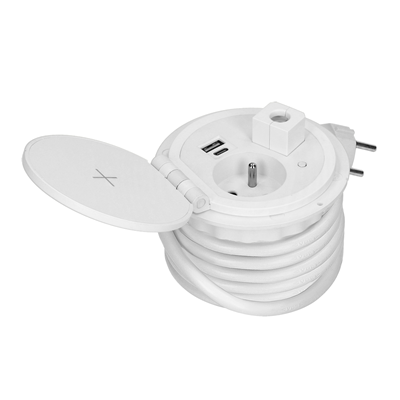 Furniture socket recessed into the tabletop with inductive charger, USB charger, 1G/U white