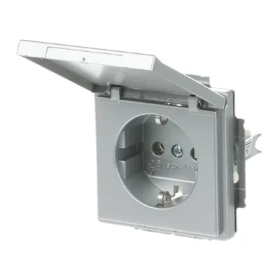 FUTURE Gniazdo SCHUKO z klapką Blokada klapki w pozycji otwartej aluminiowo srebrny