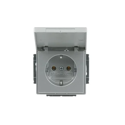 FUTURE SCHUKO-Steckdose mit Klappe. Verriegelung der Klappe in geöffneter Position, Aluminium silber