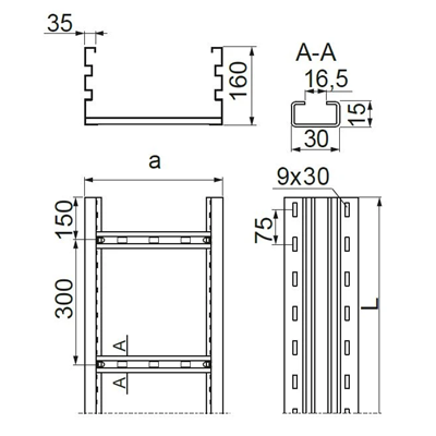 Galvanized ladder, length 6m, width 200mm, height 160mm
