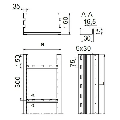 Galvanized ladder, length 6m, width 200mm, height 160mm