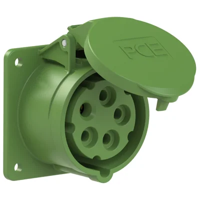 Gerade Einbausteckdose 16A 3P+Z+N >50-500V 100-100Hz 10h IP44, Flansch 75X75, Bolzenabstand 60X60