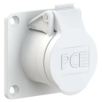 Gerade Einbausteckdose 32A 2P 24/42V DC 10h IP44/54 (Flansch 70X70, Lochabstand 56X56), vernickelte Kontakte