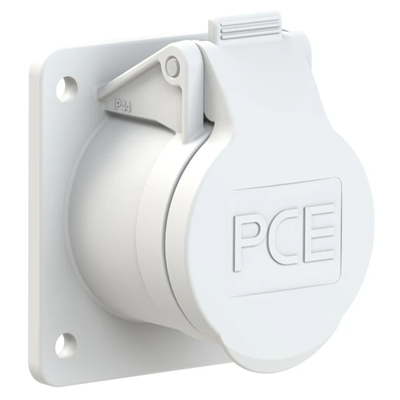 Gerade Einbausteckdose 32A 2P 42V 50/60Hz 12h IP44/54 (60X70 Flansch, 47X53 Lochabstand), vernickelte Kontakte