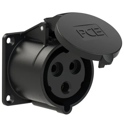 Gerade Einbausteckdose 32A 2P+E 230V 50/60Hz 6h IP44, Flansch 70X70, Schraubenabstand 56X56, vernickelte Kontakte, Serie MIDNIGHT