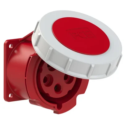 Gerade Einbausteckdose 32A 3P+Z+N 400V 50/60Hz 6h IP67, Flansch 70X70, Bolzenabstand 56X56