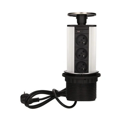 Gniazdo meblowe 3x2P+Z wysuwane z blatu 10cm, z blokadą i przewodem 1,8m, INOX