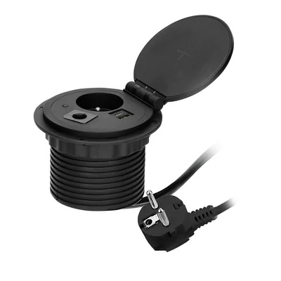 Gniazdo meblowe wpuszczane w blat z ładowarką indukcyjną, ładowarką USB, 1G/U czarne