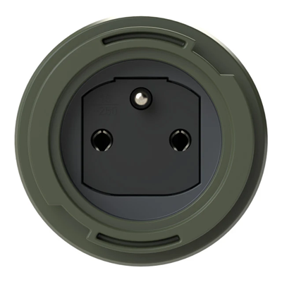 Gniazdo tablicowe NAUTILUS wojskowe z bolcem uziemienia z elastycznym połaczeniem pokrywy 16A 2P+Z 230V 50/60Hz IP66/68, tylne podłączenie, kołnierz 75x75, styki niklowane