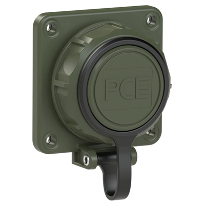 Gniazdo tablicowe NAUTILUS wojskowe z bolcem uziemienia z elastycznym połaczeniem pokrywy 16A 2P+Z 230V 50/60Hz IP66/68, tylne podłączenie, kołnierz 75x75, styki niklowane