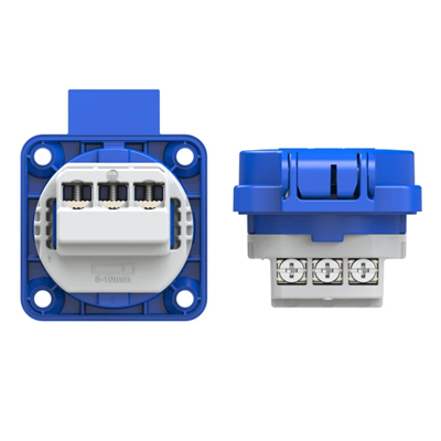 Gniazdo wtyczkowe schuko 16A 2P+Z 230V 50/60Hz IP54, tylne podłączenie kołnierz 50X50, styki niklowane