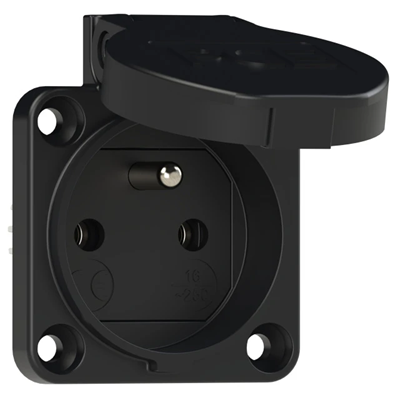 Gniazdo wtyczkowe wersja z bolcem 16A 2P+Z 230V 50/60Hz IP54,boczne podłączenie kołnierz 50X50, styki niklowane,  czarne