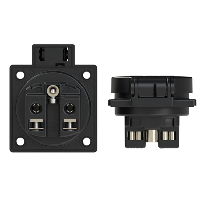 Gniazdo wtyczkowe wersja z bolcem 16A 2P+Z 230V 50/60Hz IP54,tylne podłączenie kołnierz 50X50, styki niklowane, ochrona przed dziećmi, czarne