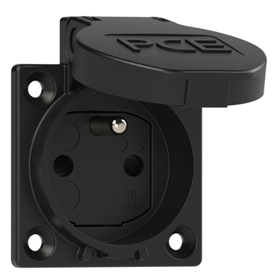 Gniazdo wtyczkowe wersja z bolcem 16A 2P+Z 230V 50/60Hz IP54,tylne podłączenie kołnierz 50X50, styki niklowane, ochrona przed dziećmi, czarne