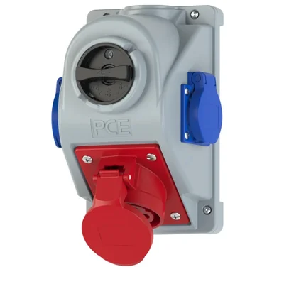 Gniazdo z wyłącznikiem "COMBO-POL" IP44 32A 400V 3P+Z+N gniazda 2x230V, wył. 0-1
