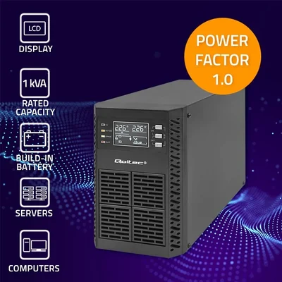 Gruppo di continuità Qoltec | 1 kVA | 1000 W | Fattore di potenza 1.0 | LCD | EPO | USB | Online