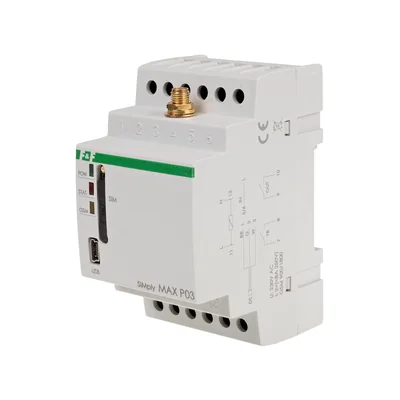 GSM remote control relay (SMS); 2xOUT, 2xIN; temperature control; 230V AC; 2x1NO/NC; DIN rail mounting
