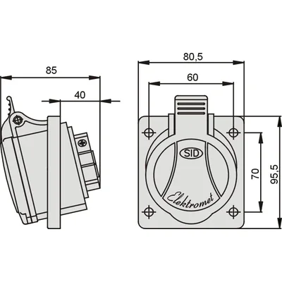 GTS 32/5 šikmá zásuvka do panelu 32A/400V 3P+N+Z