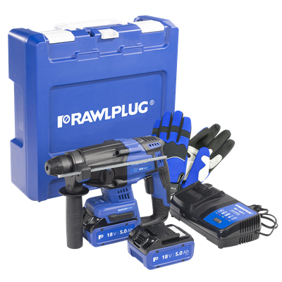 Hammer drill 18V 20 mm 2.0 J 2 batteries 5.0 Ah charger 6.5 A RAWLCASE case