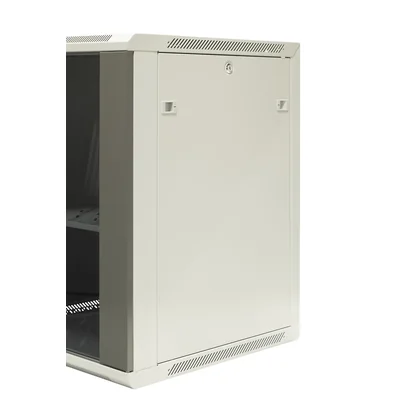 Hanging wardrobe 19'' 15U, steel/glass door, removable side covers with a lock, 600×600×770 W/D/H. mm; RAL: wardrobe 7044, door 7010, fixed shelf 270mm and set of 15 mounting screws included